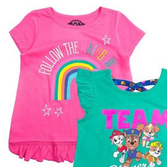 Paw Patrol Team Player Pink & Teal Shorts Set w/ 2 tops Toddler Girl’s Size 2T - Picture 2 of 4